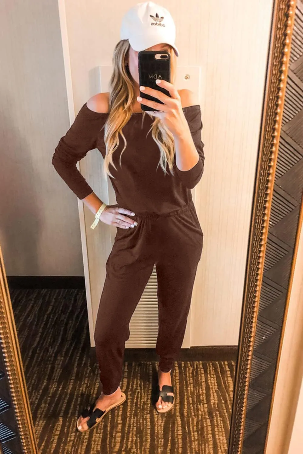 PRETTYGARDEN Women's Casual Long Sleeve Jumpsuit Crewneck Off Shoulder Elastic Waist Stretchy Romper