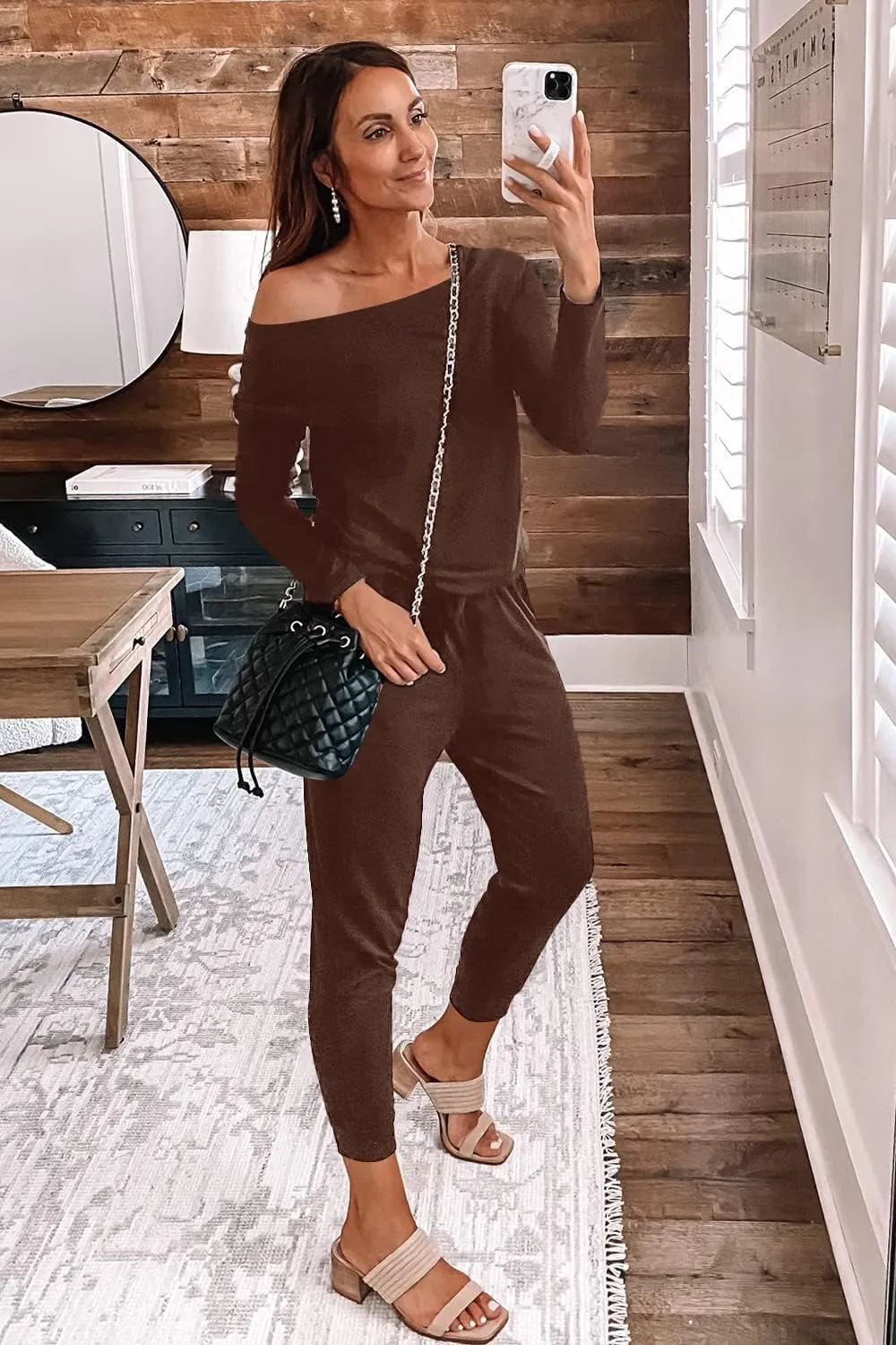 PRETTYGARDEN Women's Casual Long Sleeve Jumpsuit Crewneck Off Shoulder Elastic Waist Stretchy Romper