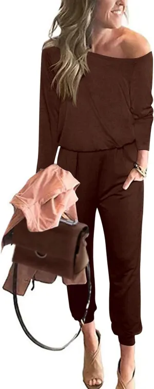 PRETTYGARDEN Women's Casual Long Sleeve Jumpsuit Crewneck Off Shoulder Elastic Waist Stretchy Romper