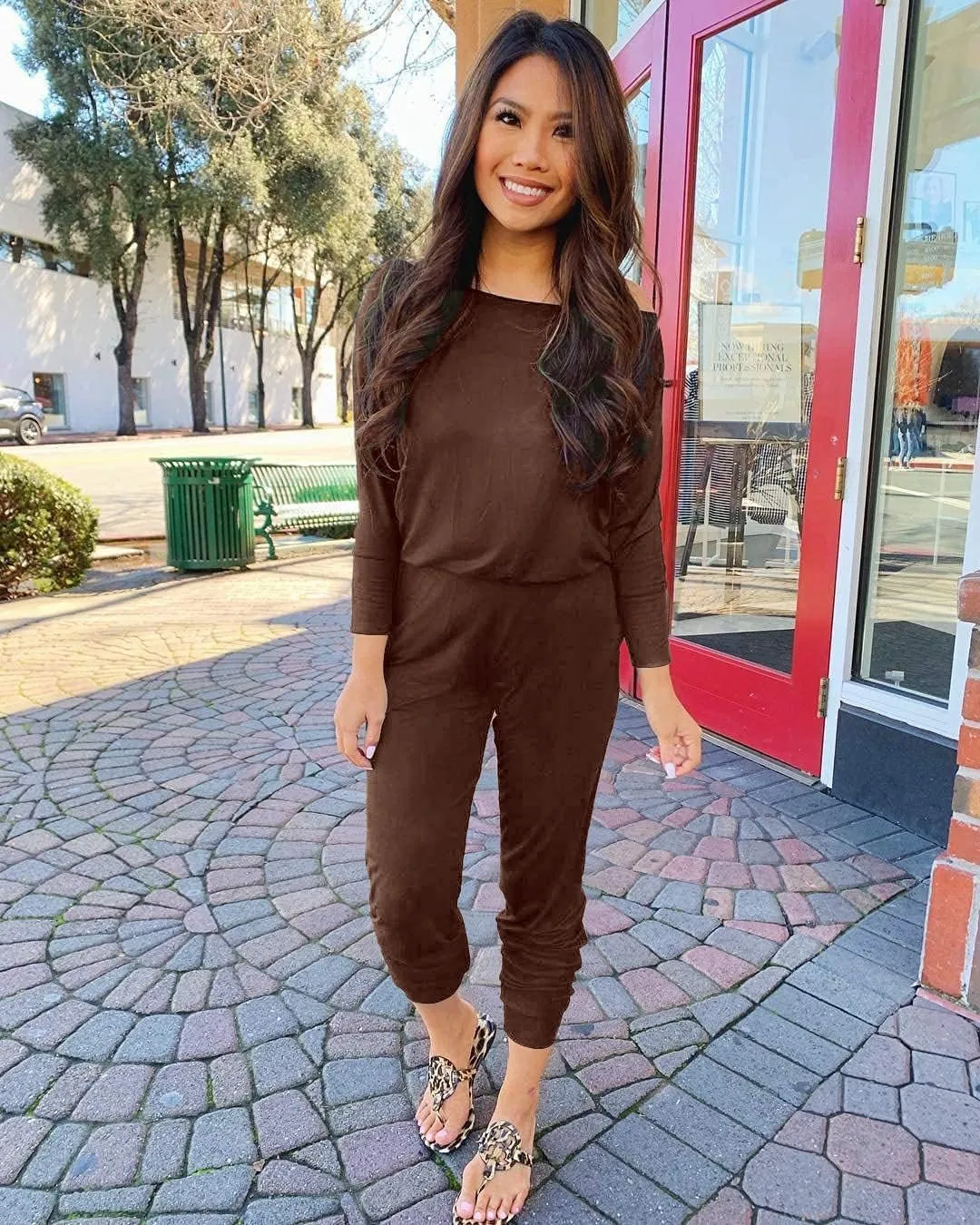 PRETTYGARDEN Women's Casual Long Sleeve Jumpsuit Crewneck Off Shoulder Elastic Waist Stretchy Romper
