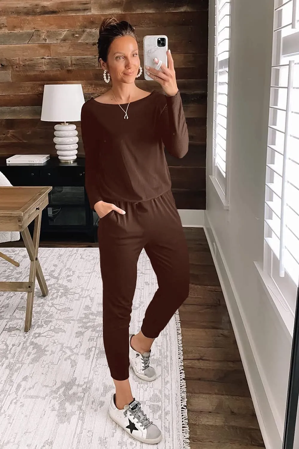 PRETTYGARDEN Women's Casual Long Sleeve Jumpsuit Crewneck Off Shoulder Elastic Waist Stretchy Romper