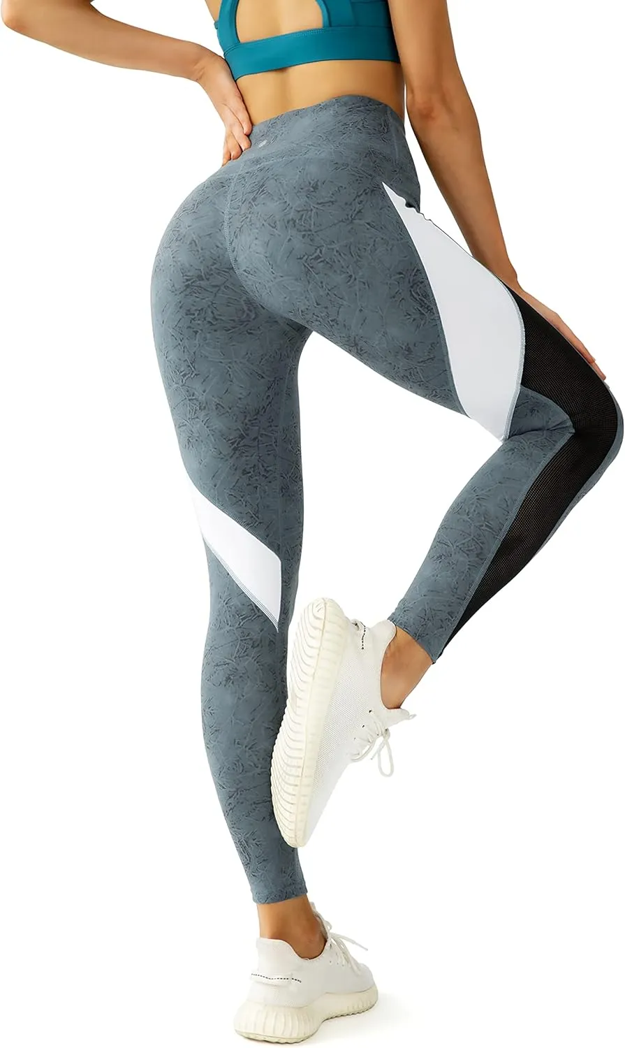 QUEENIEKE Women Yoga Pants Color Blocking Mesh Workout Running Leggings Tights 8030