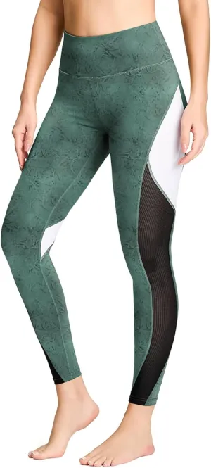 QUEENIEKE Women Yoga Pants Color Blocking Mesh Workout Running Leggings Tights 8030