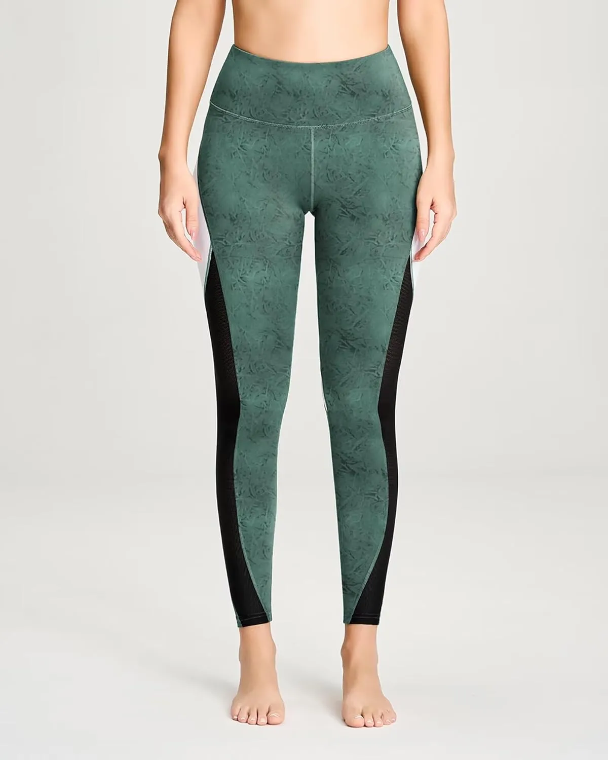 QUEENIEKE Women Yoga Pants Color Blocking Mesh Workout Running Leggings Tights 8030