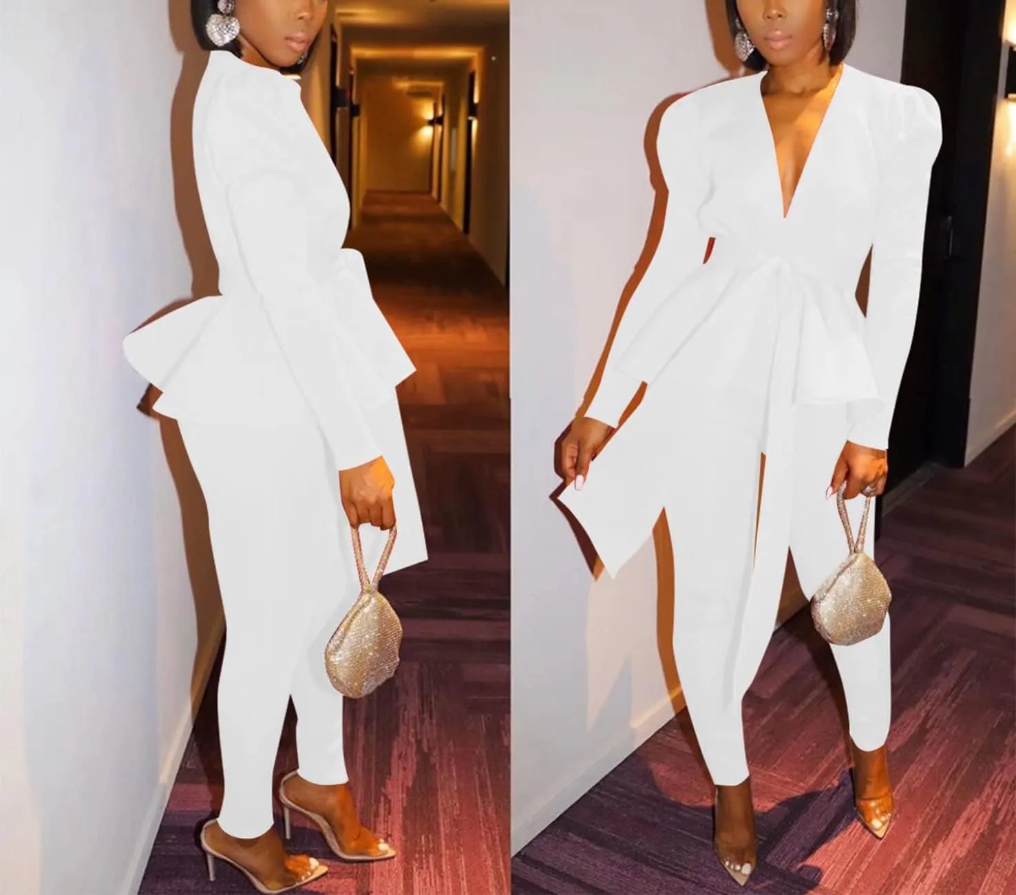 Remelon 2 Piece Outfits for Women Blazer with Pants Deep V Long Sleeve Slim Fit Ruffle Pelplum Business Suit