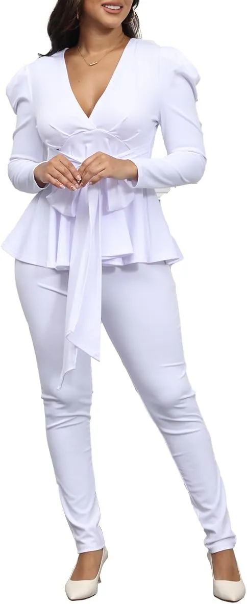 Remelon 2 Piece Outfits for Women Blazer with Pants Deep V Long Sleeve Slim Fit Ruffle Pelplum Business Suit