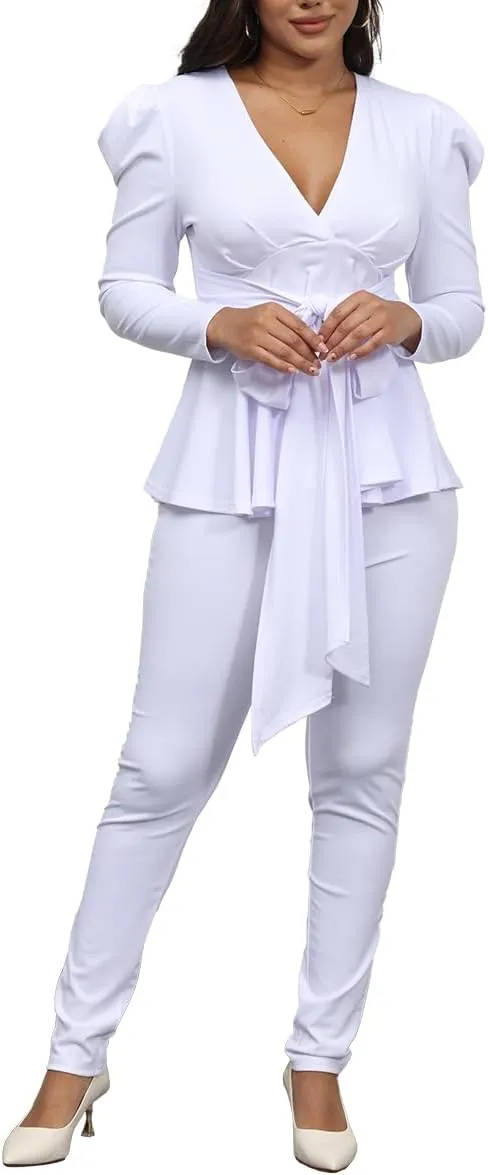Remelon 2 Piece Outfits for Women Blazer with Pants Deep V Long Sleeve Slim Fit Ruffle Pelplum Business Suit