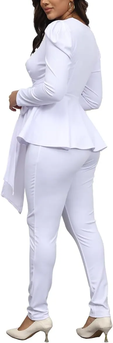 Remelon 2 Piece Outfits for Women Blazer with Pants Deep V Long Sleeve Slim Fit Ruffle Pelplum Business Suit