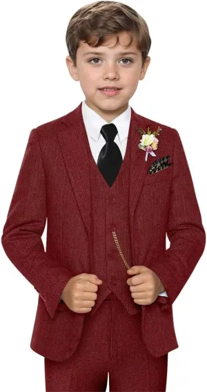 Retro 3 Piece Boys Suit Tweed Herringbone Boy Suits Slim Fit Dress Tuxedos Set Prom Teens Kids Jacket Blazer Vest Pants