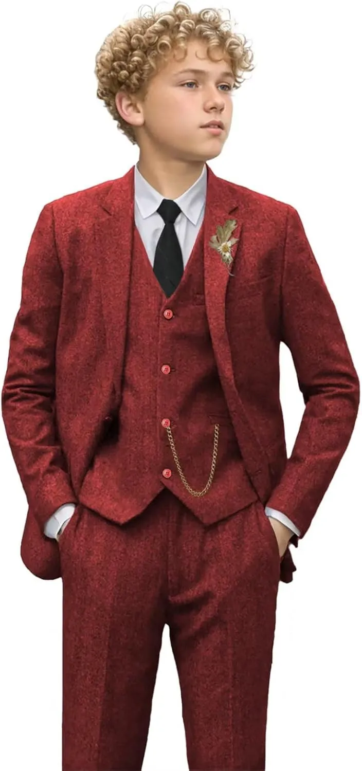 Retro 3 Piece Boys Suit Tweed Herringbone Boy Suits Slim Fit Dress Tuxedos Set Prom Teens Kids Jacket Blazer Vest Pants