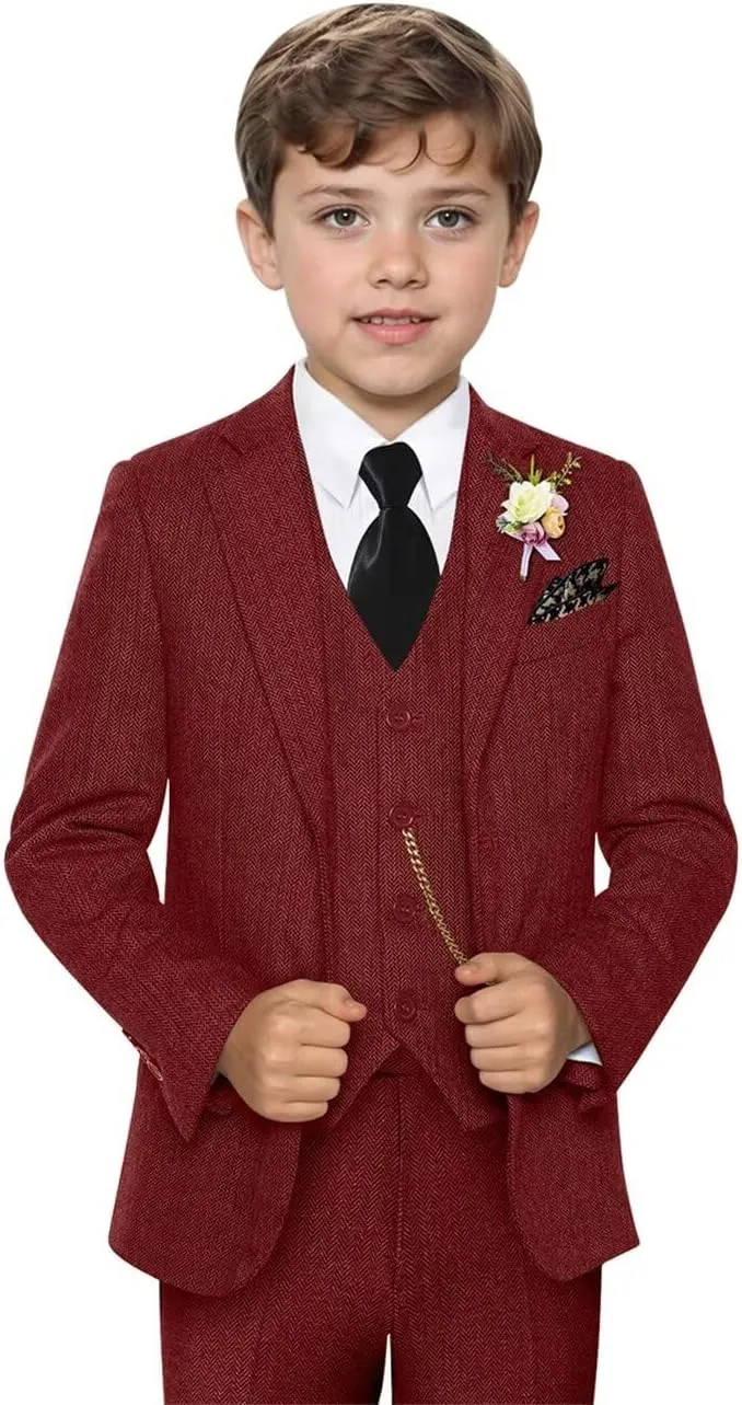 Retro 3 Piece Boys Suit Tweed Herringbone Boy Suits Slim Fit Dress Tuxedos Set Prom Teens Kids Jacket Blazer Vest Pants
