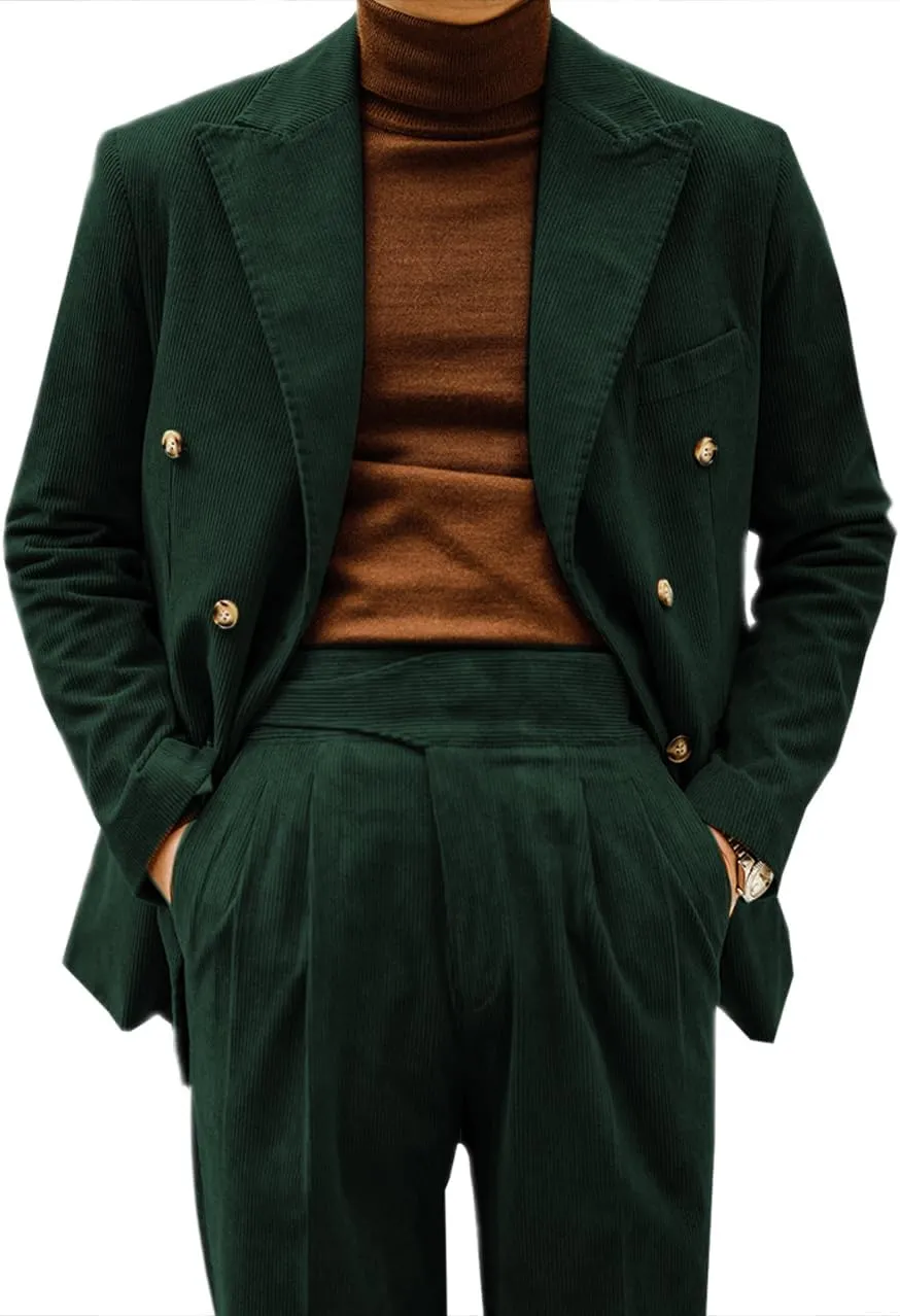Retro Mens Suits 2 Piece Corduroy Regular Fit Casual Dress Suit Blazer Pants Set for Wedding Prom