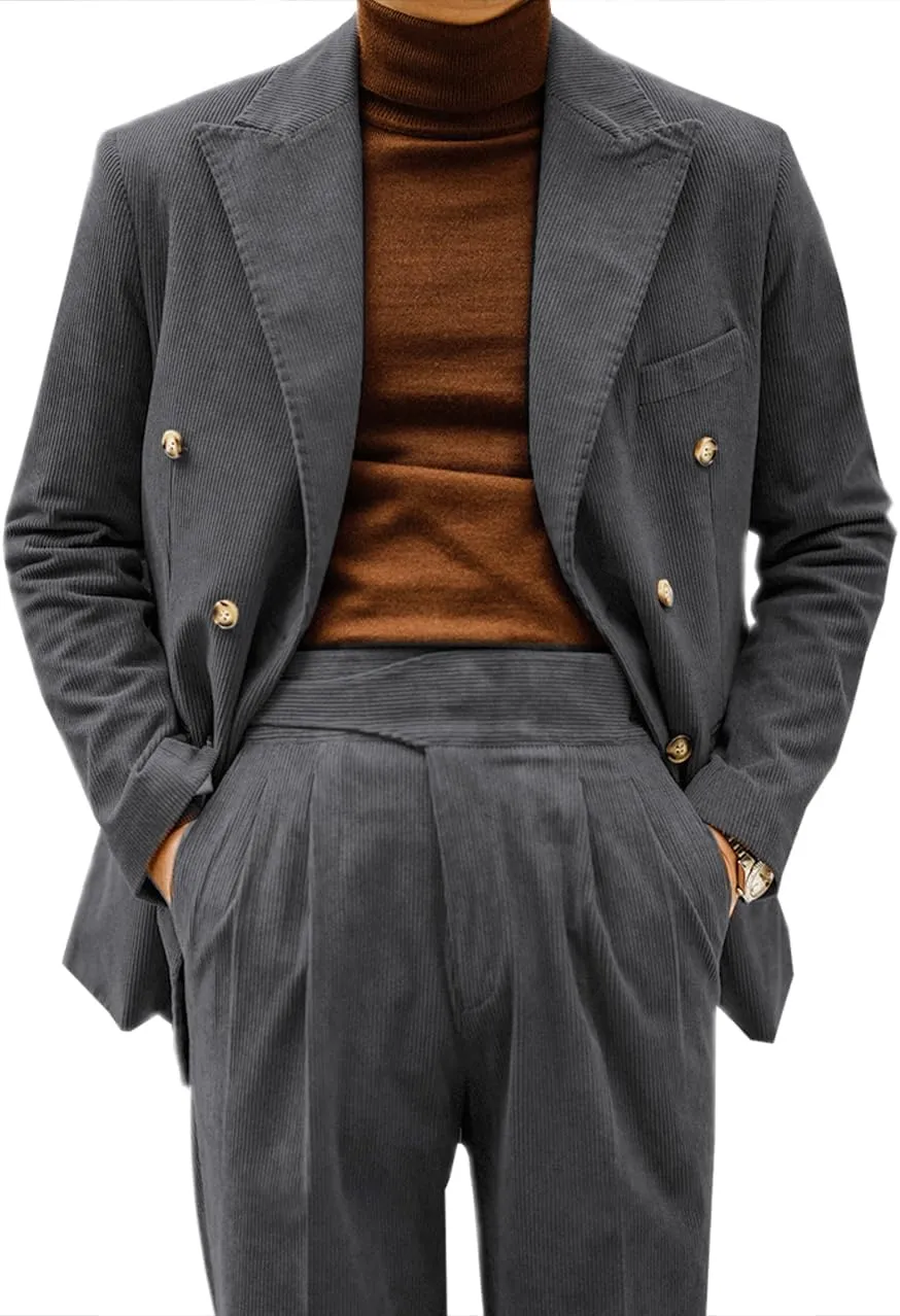 Retro Mens Suits 2 Piece Corduroy Regular Fit Casual Dress Suit Blazer Pants Set for Wedding Prom