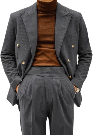Retro Mens Suits 2 Piece Corduroy Regular Fit Casual Dress Suit Blazer Pants Set for Wedding Prom