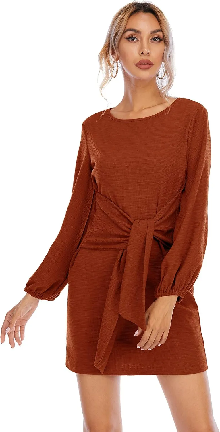 R.Vivimos Women's Autumn Winter Cotton Long Sleeves Elegant Knitted Bodycon Tie Waist Sweater Pencil Dress