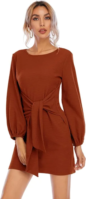 R.Vivimos Women's Autumn Winter Cotton Long Sleeves Elegant Knitted Bodycon Tie Waist Sweater Pencil Dress