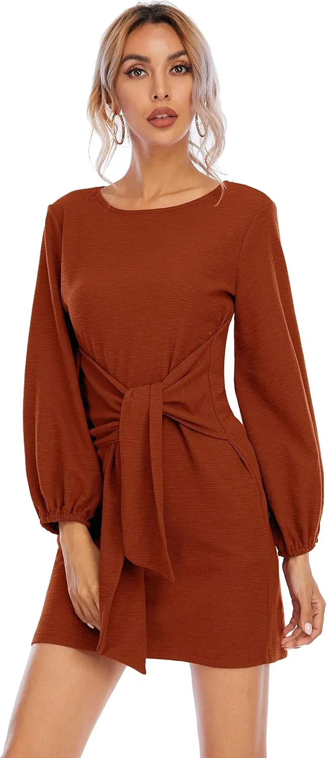 R.Vivimos Women's Autumn Winter Cotton Long Sleeves Elegant Knitted Bodycon Tie Waist Sweater Pencil Dress