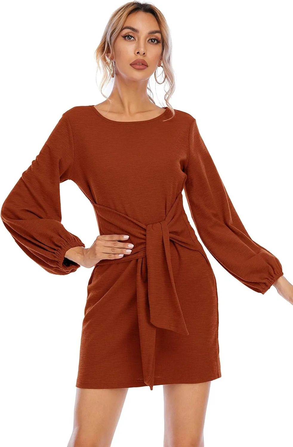 R.Vivimos Women's Autumn Winter Cotton Long Sleeves Elegant Knitted Bodycon Tie Waist Sweater Pencil Dress
