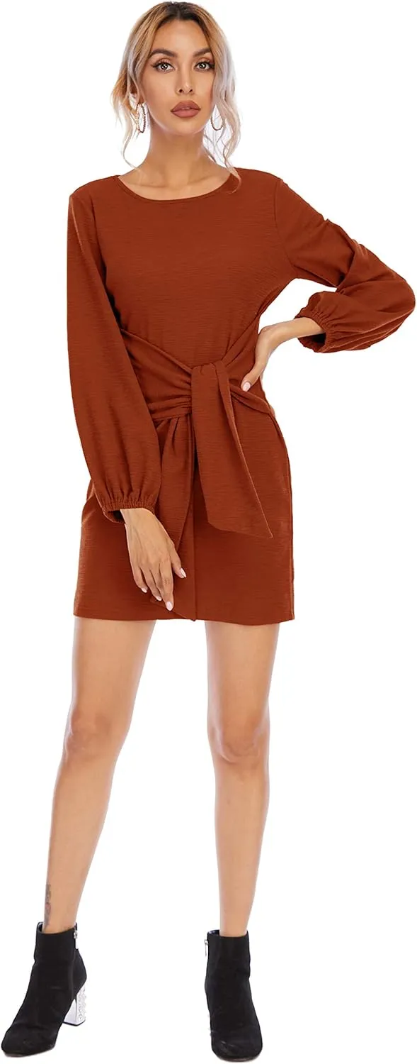 R.Vivimos Women's Autumn Winter Cotton Long Sleeves Elegant Knitted Bodycon Tie Waist Sweater Pencil Dress