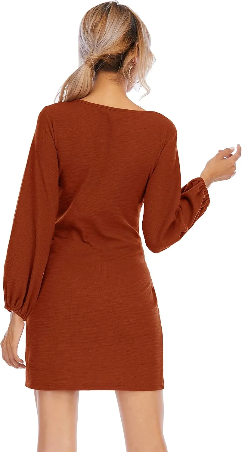 R.Vivimos Women's Autumn Winter Cotton Long Sleeves Elegant Knitted Bodycon Tie Waist Sweater Pencil Dress