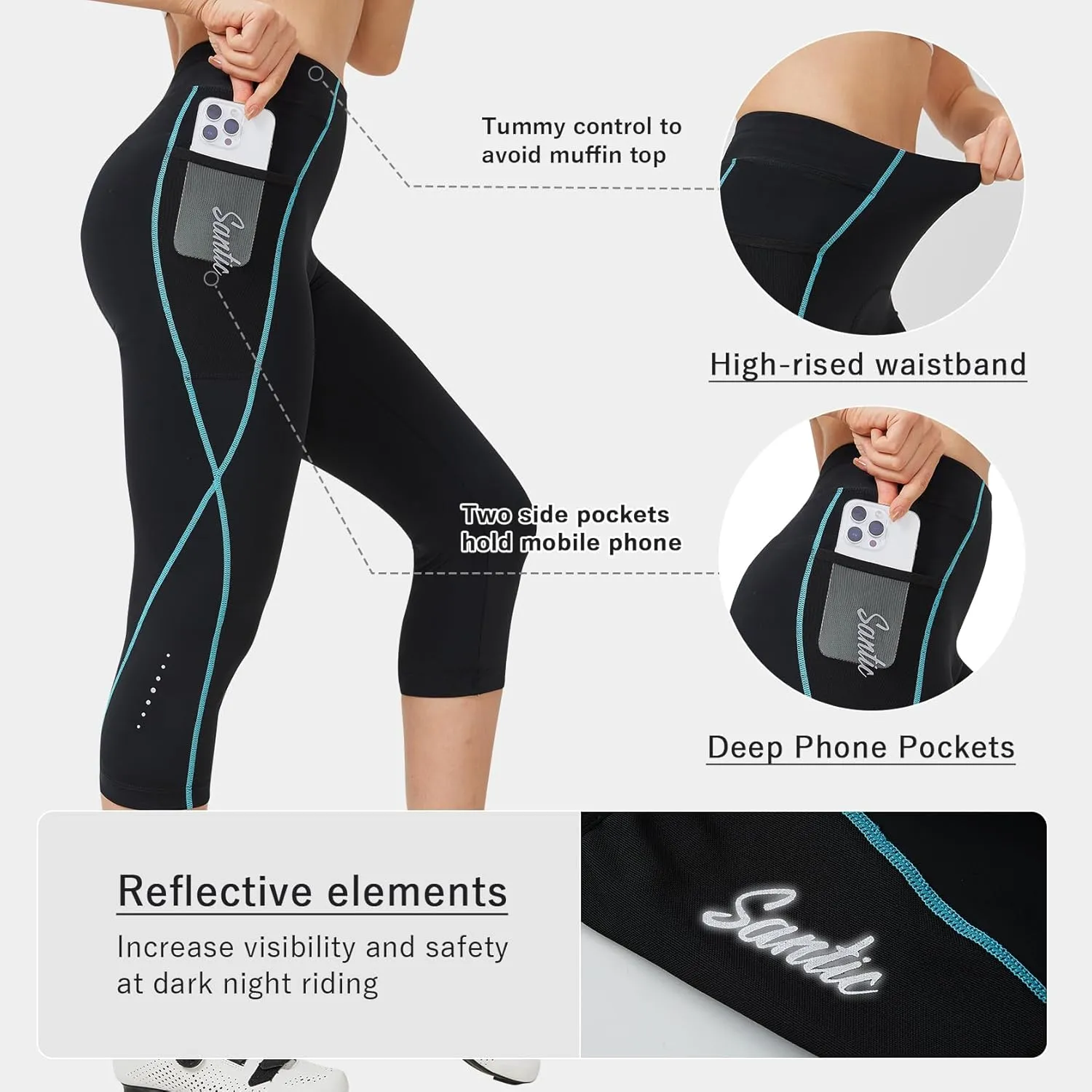 Santic Women's Bike Pants 4D Padded Cycling Capris Shorts 3/4 Biking Tights Bicycle Capris