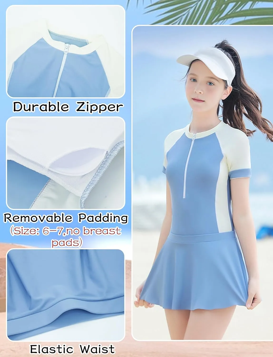 SEAUR Girls Rashguard Swimsuits Kids UPF 50  UV Sun Protection Bathing Suits Zipper Sport Swimwear