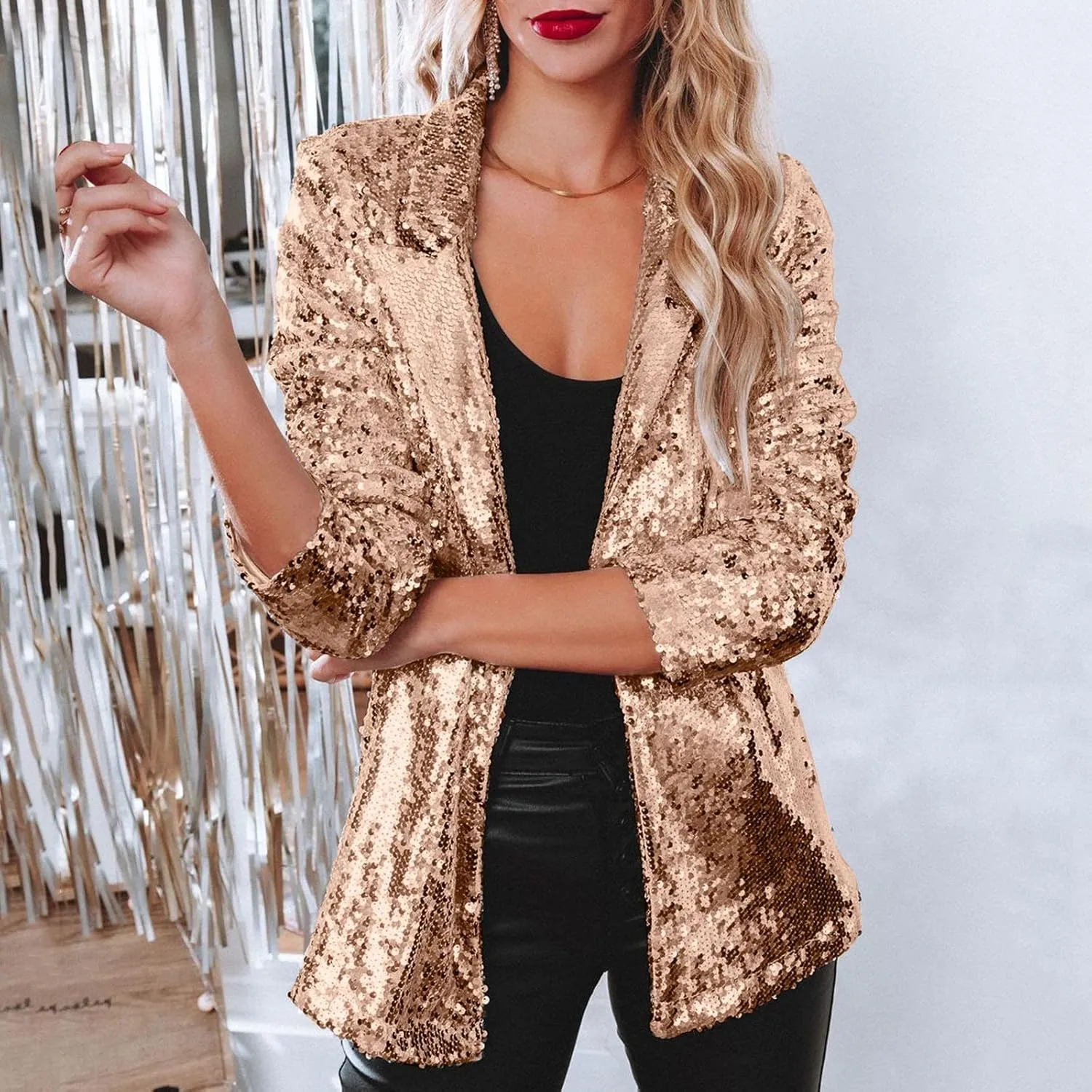 Sequin Blazer for Women Shimmer Jacket Casual Long Sleeve Glitter Party Shiny Lapel Coat Rave Lightweight Blazer Coat