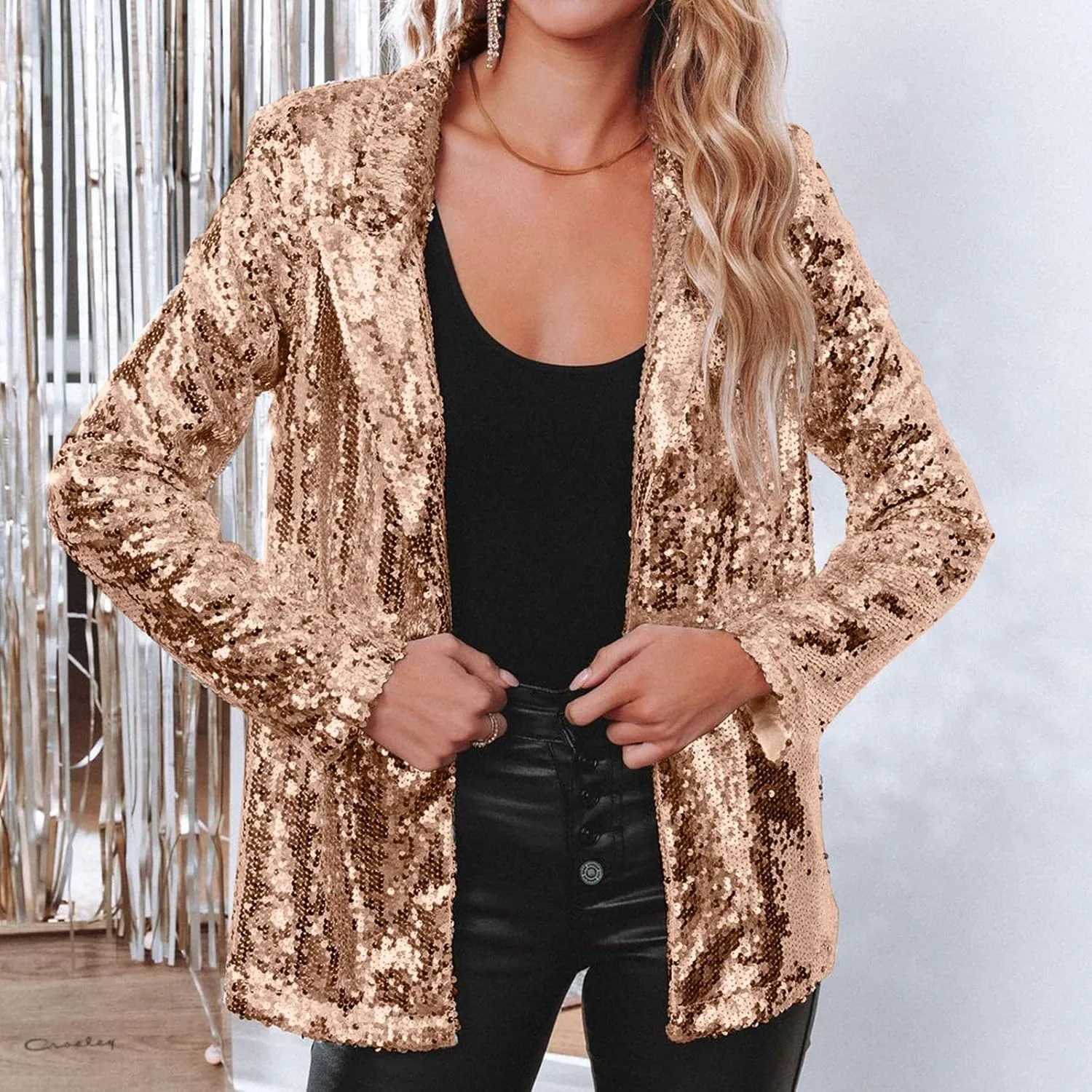 Sequin Blazer for Women Shimmer Jacket Casual Long Sleeve Glitter Party Shiny Lapel Coat Rave Lightweight Blazer Coat