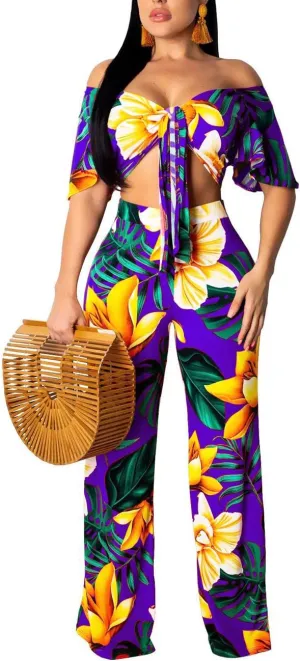 sexycherry Two Piece Outfits for Women Beach Bandage Crop Top Long Straight Pants Vacation Swimwear Cover Ups Sets