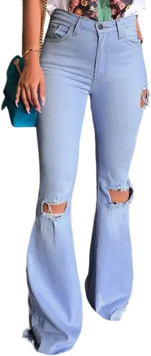 Sexyshine Women's Bell Bottom Jeans High Waisted Classic Retro Ripped Hole Denim Long Wide-Leg Flare Pants