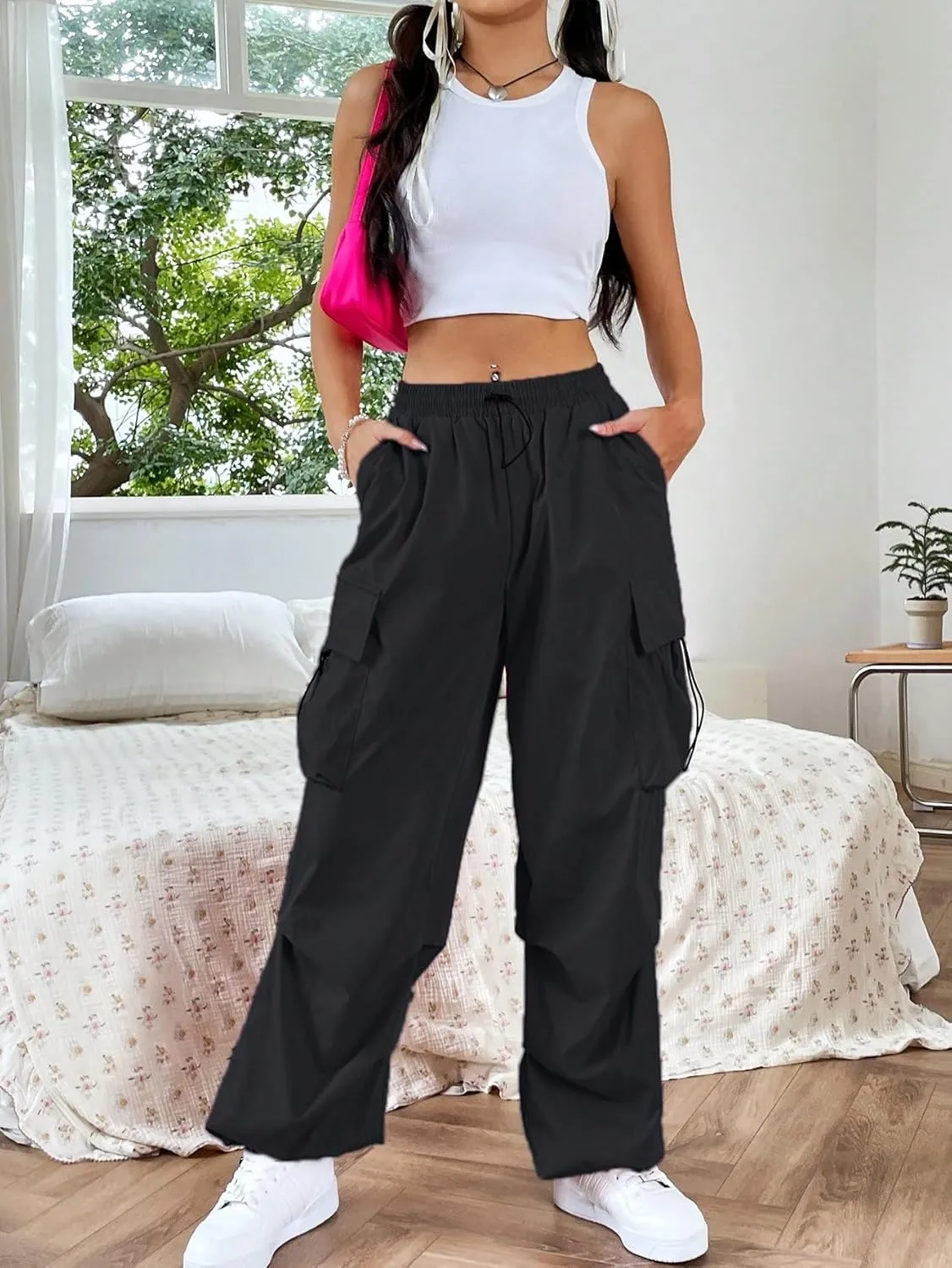 SHENHE Women's Baggy Loose Cargo Pants Drawstring Waist Joggers Long Trousers