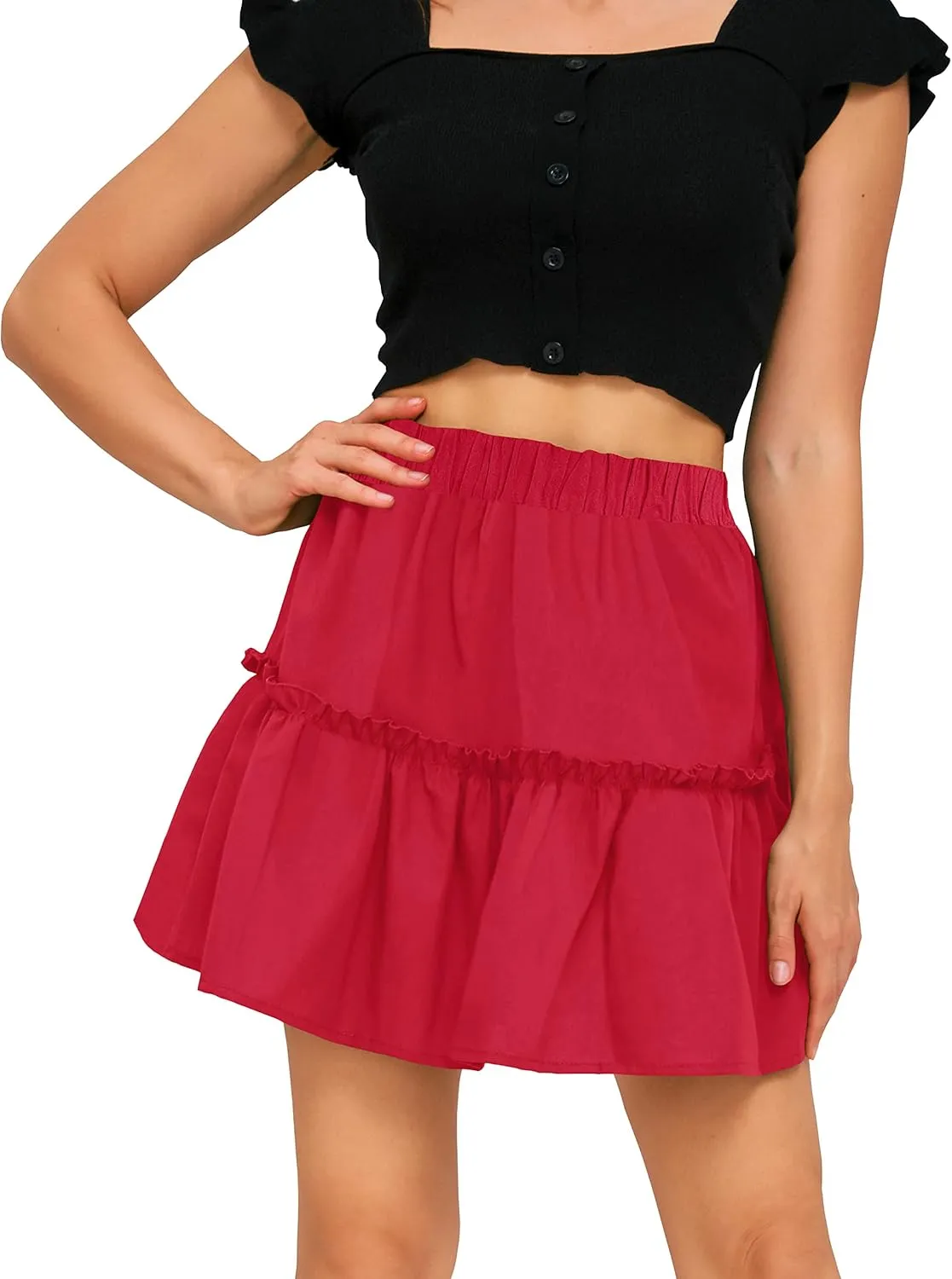 Sinono Women's Summer High Waist Ruffle Floral Print Swing A Line Pleated Beach Mini Skirt