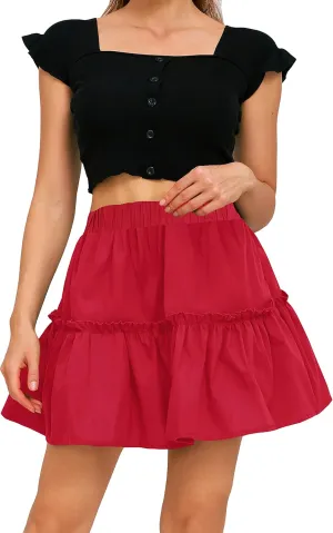 Sinono Women's Summer High Waist Ruffle Floral Print Swing A Line Pleated Beach Mini Skirt