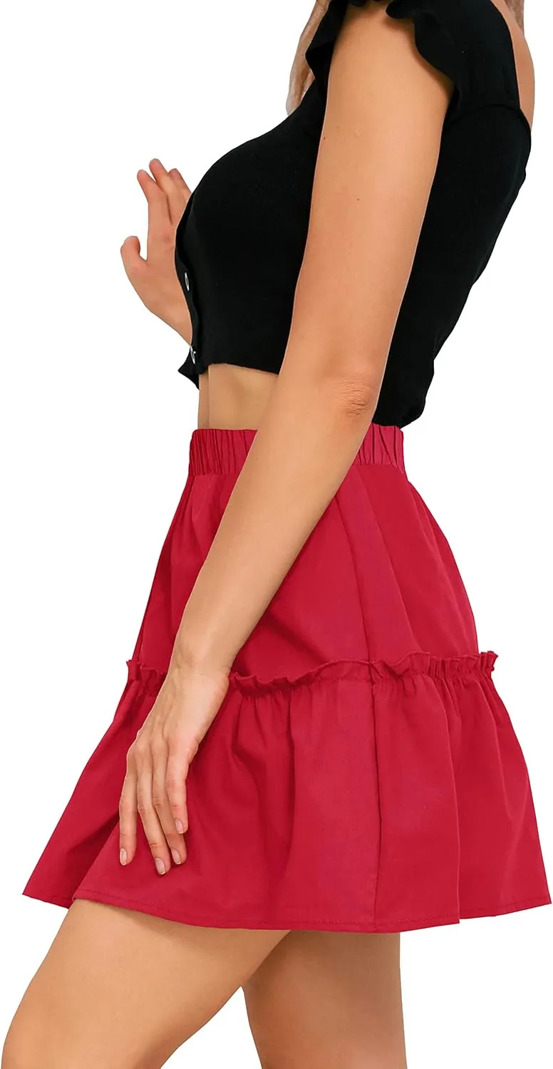 Sinono Women's Summer High Waist Ruffle Floral Print Swing A Line Pleated Beach Mini Skirt