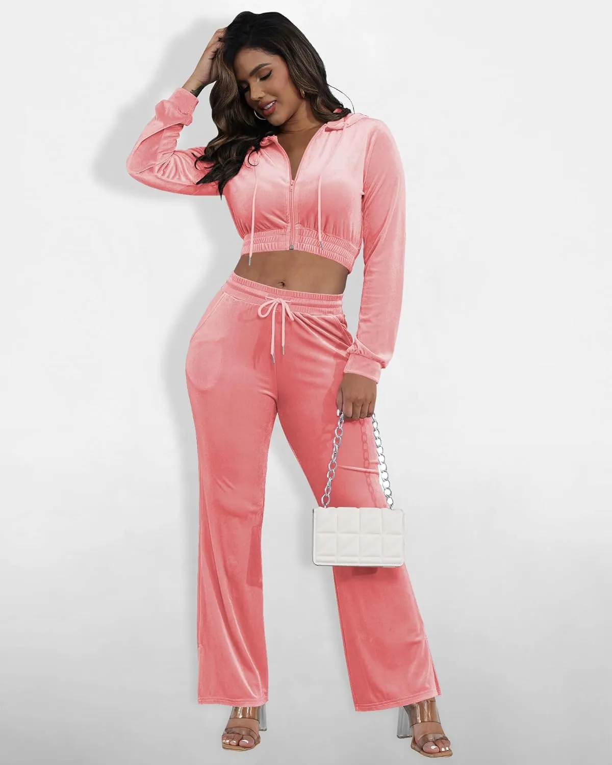SMSN Women Sweatsuits Set Velvet 2 Piece Tracksuit Outfits Velour Jogging Long Sleeve Sweat Hoodie and Sweatpants Set