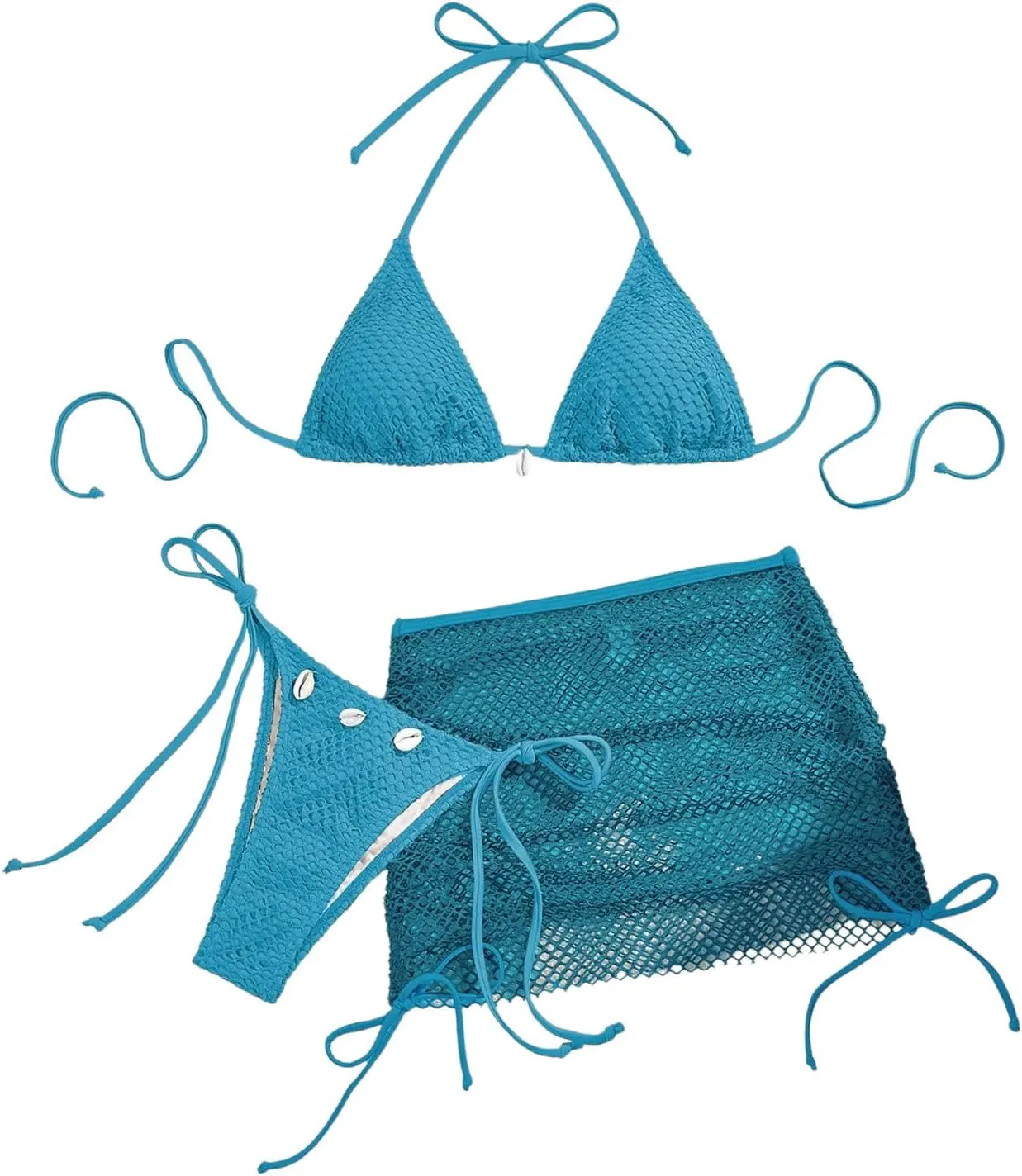 SOLY HUX Women's 3 Piece Swimsuit Fishnet Halter Triangle String Bikini Set Bathing Suit with Cover Up Beach Skirt