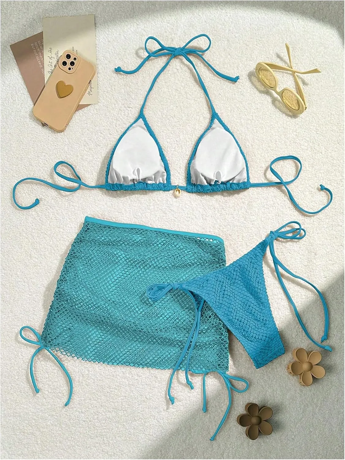 SOLY HUX Women's 3 Piece Swimsuit Fishnet Halter Triangle String Bikini Set Bathing Suit with Cover Up Beach Skirt