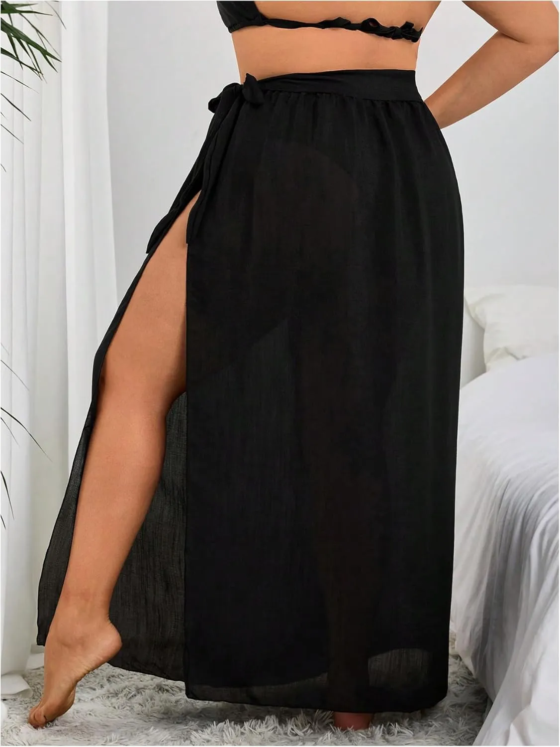 SOLY HUX Women's Plus Size Mesh Swimsuit Coverup Bowknot Side Split Maxi Skirts Beach Wear