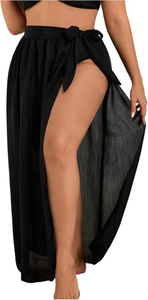 SOLY HUX Women's Plus Size Mesh Swimsuit Coverup Bowknot Side Split Maxi Skirts Beach Wear