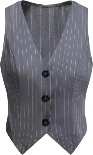 SOLY HUX Women's Striped V Neck Sleeveless Button Front Blazer Vest Waistcoat