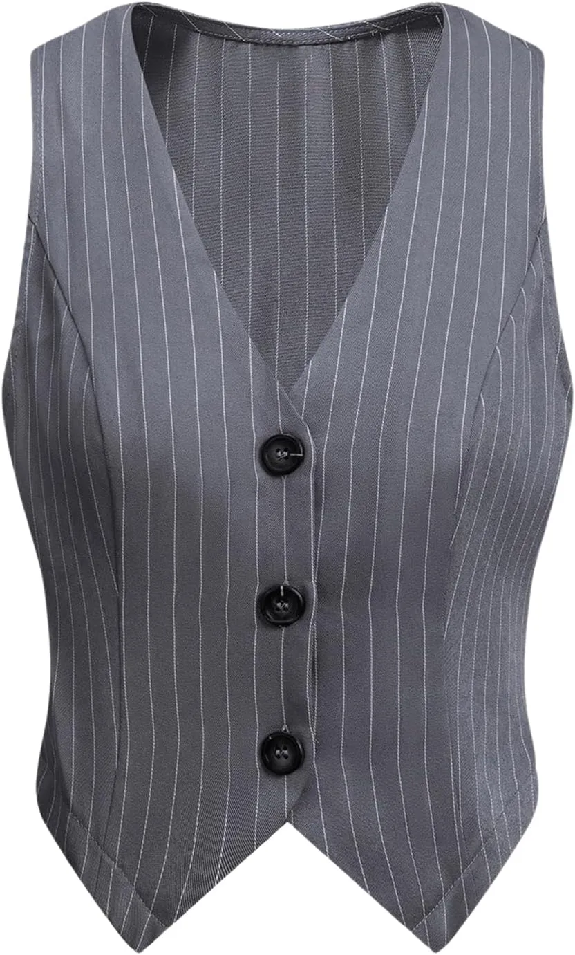 SOLY HUX Women's Striped V Neck Sleeveless Button Front Blazer Vest Waistcoat