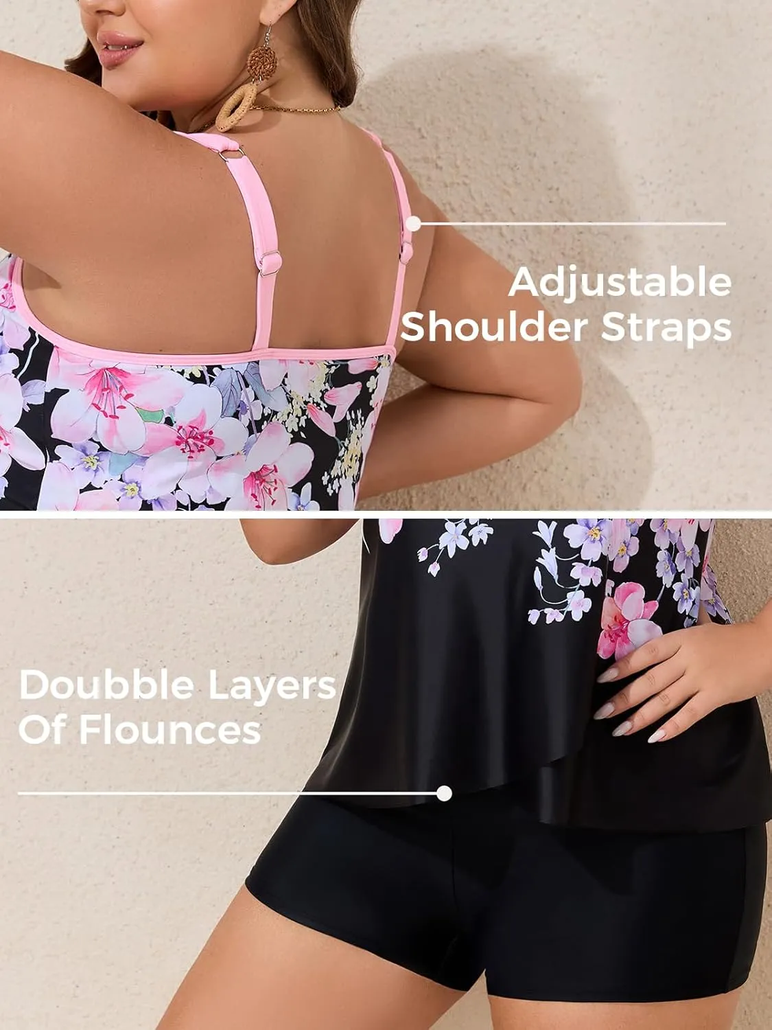 Summer Mae Plus Size Swimsuit Tankini for Women Two Piece Flowy Bathing Suit Ruffle Tummy Control Swimwear with Short