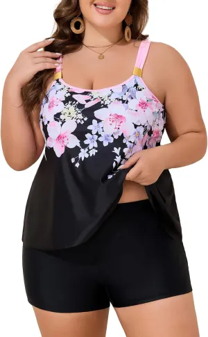 Summer Mae Plus Size Swimsuit Tankini for Women Two Piece Flowy Bathing Suit Ruffle Tummy Control Swimwear with Short