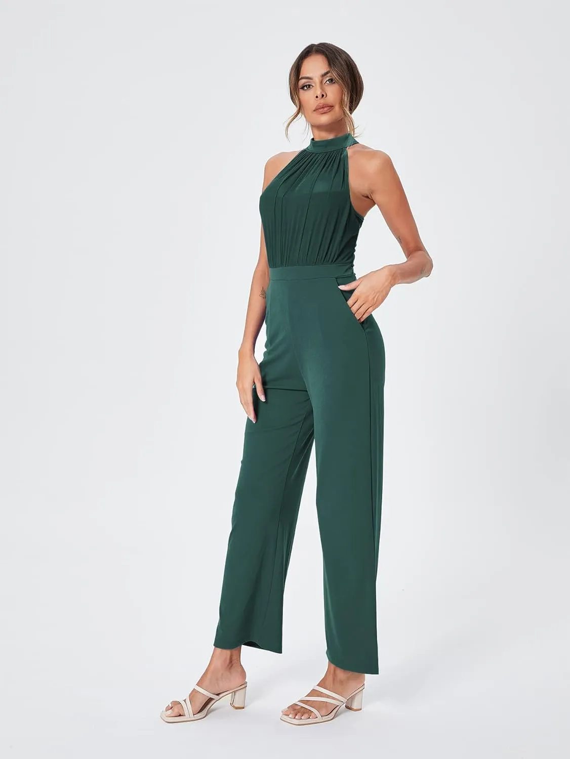 SweatyRocks Women's Elegant Sleeveless Halter High Waist Flare Leg Pants Romper Jumpsuit