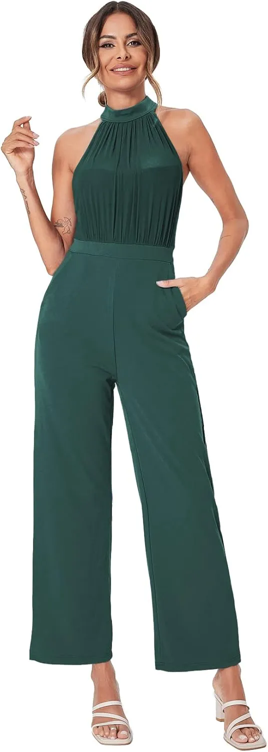 SweatyRocks Women's Elegant Sleeveless Halter High Waist Flare Leg Pants Romper Jumpsuit