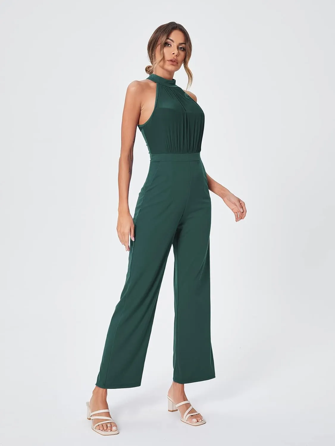 SweatyRocks Women's Elegant Sleeveless Halter High Waist Flare Leg Pants Romper Jumpsuit