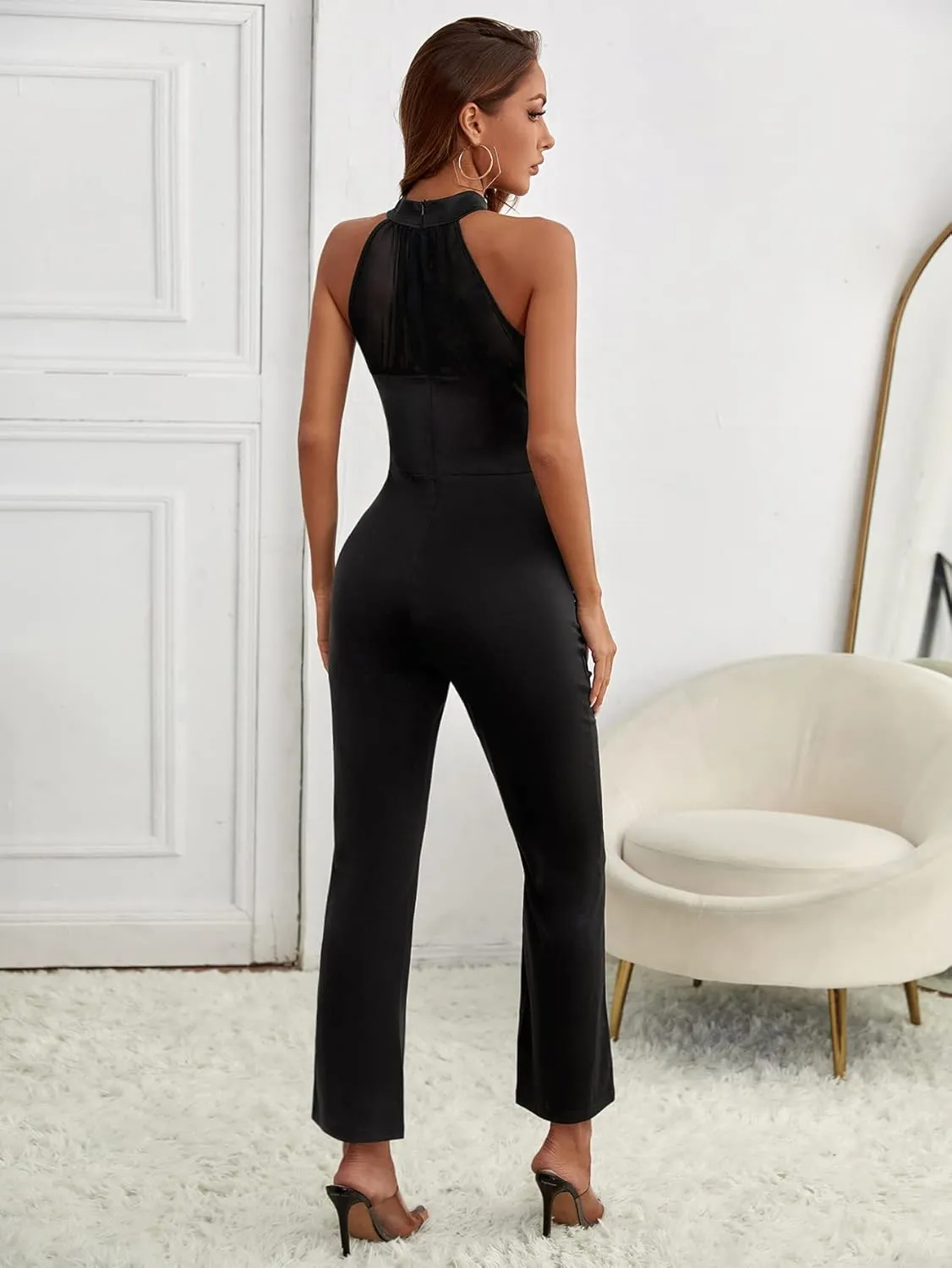 SweatyRocks Women's Elegant Sleeveless Halter High Waist Flare Leg Pants Romper Jumpsuit