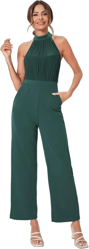 SweatyRocks Women's Elegant Sleeveless Halter High Waist Flare Leg Pants Romper Jumpsuit