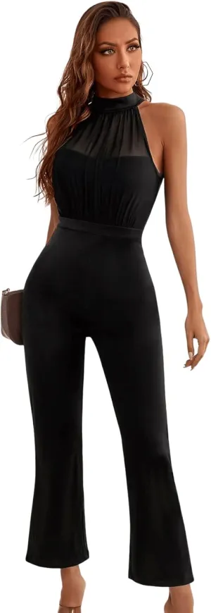 SweatyRocks Women's Elegant Sleeveless Halter High Waist Flare Leg Pants Romper Jumpsuit