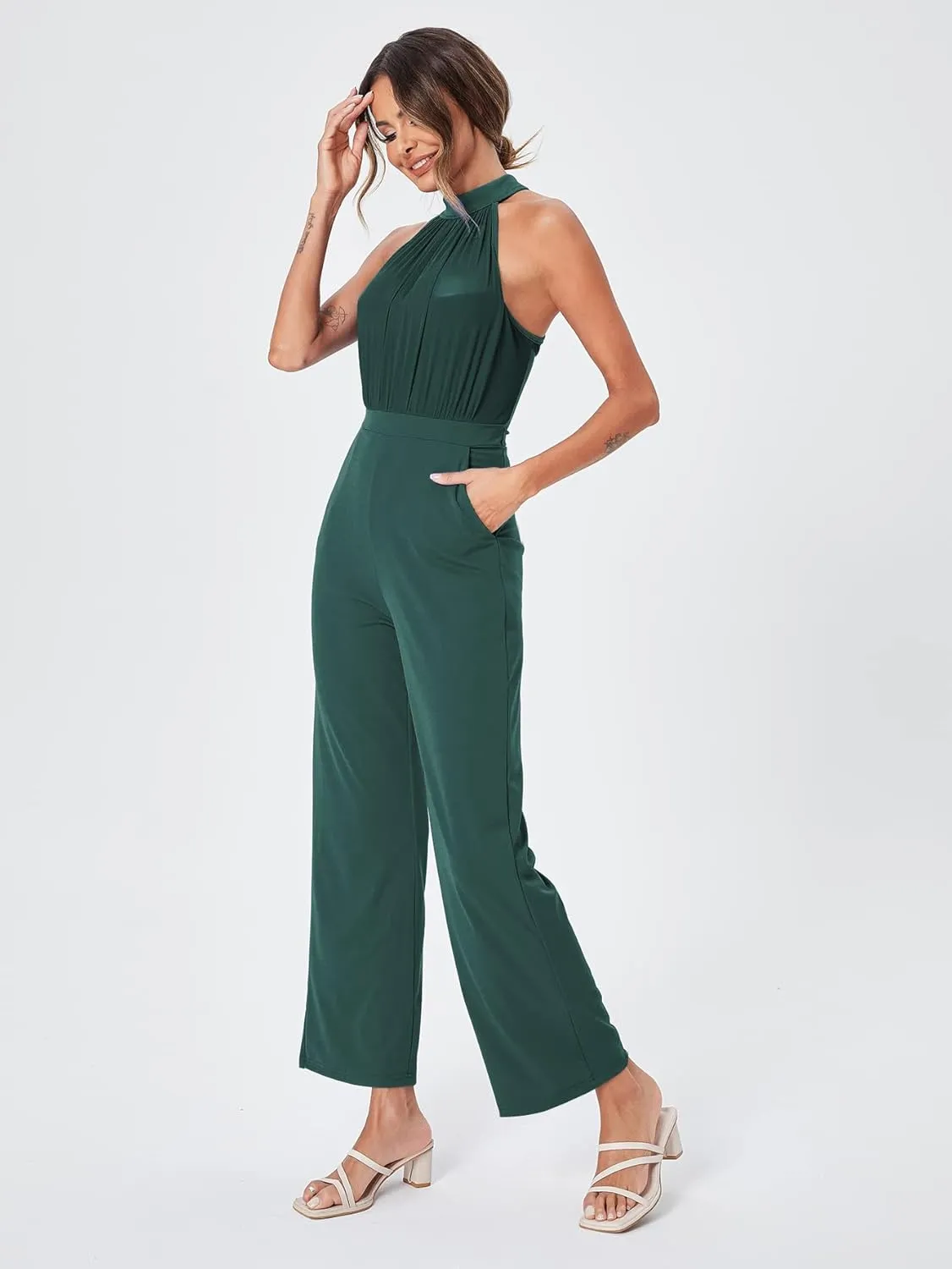 SweatyRocks Women's Elegant Sleeveless Halter High Waist Flare Leg Pants Romper Jumpsuit
